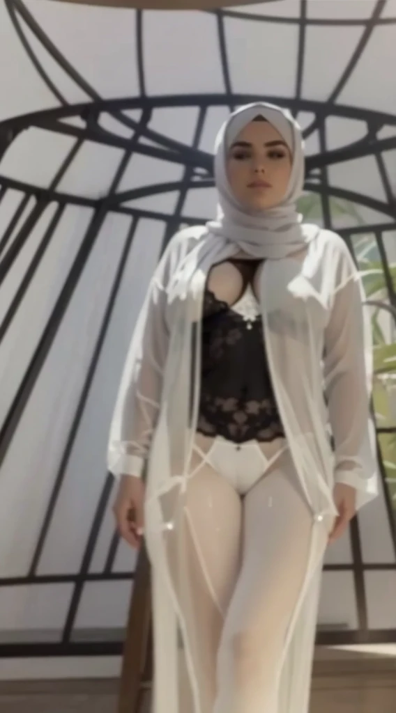 Rear view wearing lingerie and a full white hijab. Nude and large breasts, full lingerie