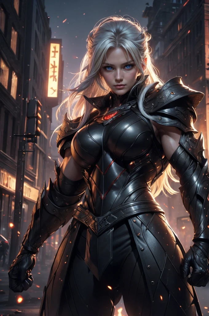 ((((1woman)))),A determined and ambitious bodybuilder warrior, pretty face, serious face, white hair, red eyes, perfect body, fit body, abdomen, big breasts, muscular, who fights to become the strongest,super high resolution, best quality, photo, 8k, (photorealistic: 1.2), cinematic lighting, abdominal muscles, masculine, dark, masterpiece, best quality, intricate details, night time, damaged city thats on fire, 3D light, HD, detailed face, depth of field, soft lighting, tone mapped, highly detailed, concept art, smooth, sharp focus, dramatic lighting, highly detailed art, cinematic, 8K, amazing shadows (highly detailed background: 1.2), super hero, long dark messy hair, shirtless, bulletproof, bullets rickashaying off him, hairy, super stong, bullets flying, ready to fight, fighting pose, glowing blue lights on his wrist bans, outside, rickasha, yellow glowing eyes, time traveler,Beautiful viking woman, red hair extremely sexy clothes, muscular body, large breasts