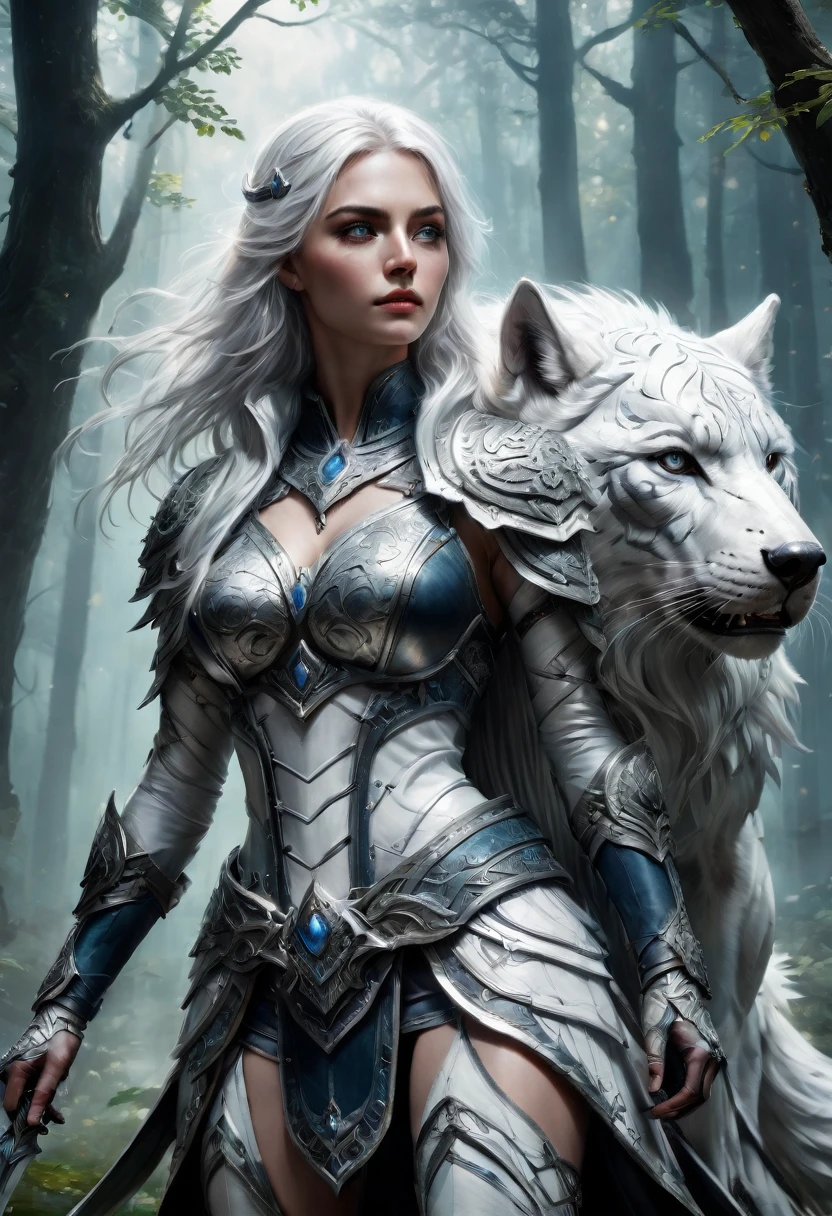 high details, best quality, 8k, [ultra detailed], masterpiece, best quality, (extremely detailed), dynamic angle, ultra wide shot, RAW, photorealistic, fantasy art, dnd art, rpg art, realistic art, a wide angle picture of an epic female drow ranger and her pet white wolf,  warrior of nature, fighter of nature, full body, [[anatomically correct]] full body (intricate details, Masterpiece, best quality: 1.5) talking to am epic white tiger (intricate details, Masterpiece, best quality: 1.6) armed with an epic magical sword  (intricate details, Masterpiece, best quality: 1.5) epic magical sword, glowing in blue light GLOWING SWORD,  in dark forest ( intricate details, Masterpiece, best quality: 1.4), a female beautiful epic drow wearing leather armor (intricate details, Masterpiece, best quality: 1.5), leather boots, thick hair, long hair, white hair, black skin intense eyes, forest  background (intense details), moon light, stars light, clouds (intricate details, Masterpiece, best quality: 1.5), dynamic angle, (intricate details, Masterpiece, best quality: 1.3), high details, best quality, highres, ultra wide angle drkfntasy