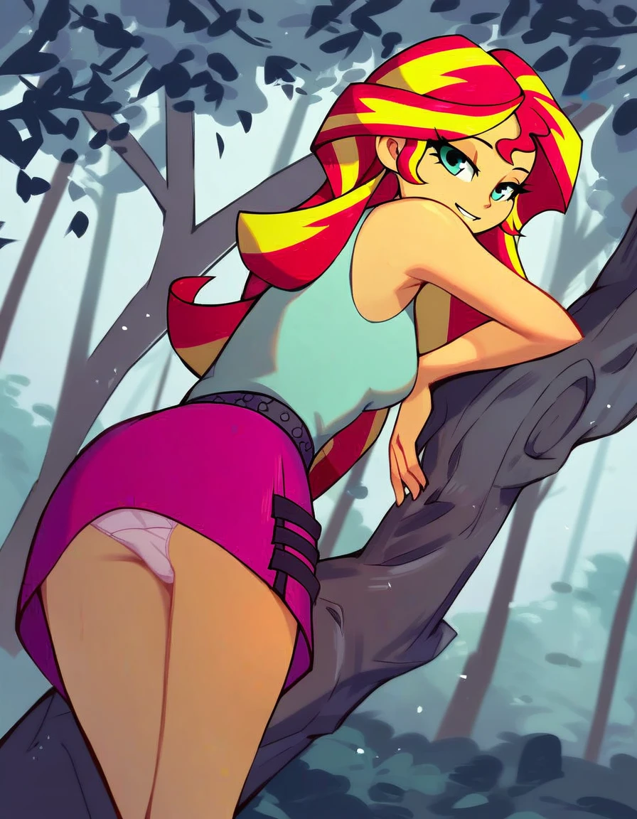 score_9, score_8_up, score_7_up, score_6_up, score_5_up, score_4_up, sunset shimmer, equestria girls, cute, best high quality, high res, (anatomically correct), romantic, bedroom eyes, breasts, female, sexy, leaning forward, bend over, tree, outdoors, forest, looking back, looking at viewer, beautiful, panties, upskirt