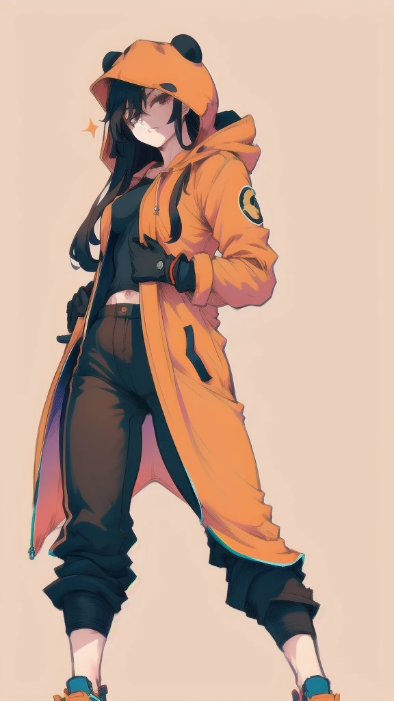 Full body image of female Pandaverse Kenny from South Park, full body in image, wearing her unique outfit (bright orange parka with the hood up, black gloves, and brown pants), long hair visible from under the hood, female body, dynamic pose, detailed pose, simple background, expressive face showing curiosity, focus on face, line art, sketch