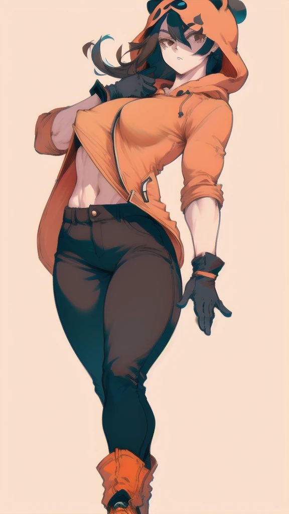 Full body image of female Pandaverse Kenny from South Park, full body in image, wearing her unique outfit (bright orange parka with the hood up, black gloves, and brown pants), long hair visible from under the hood, female body, dynamic pose, detailed pose, simple background, expressive face showing curiosity, focus on face, line art, sketch