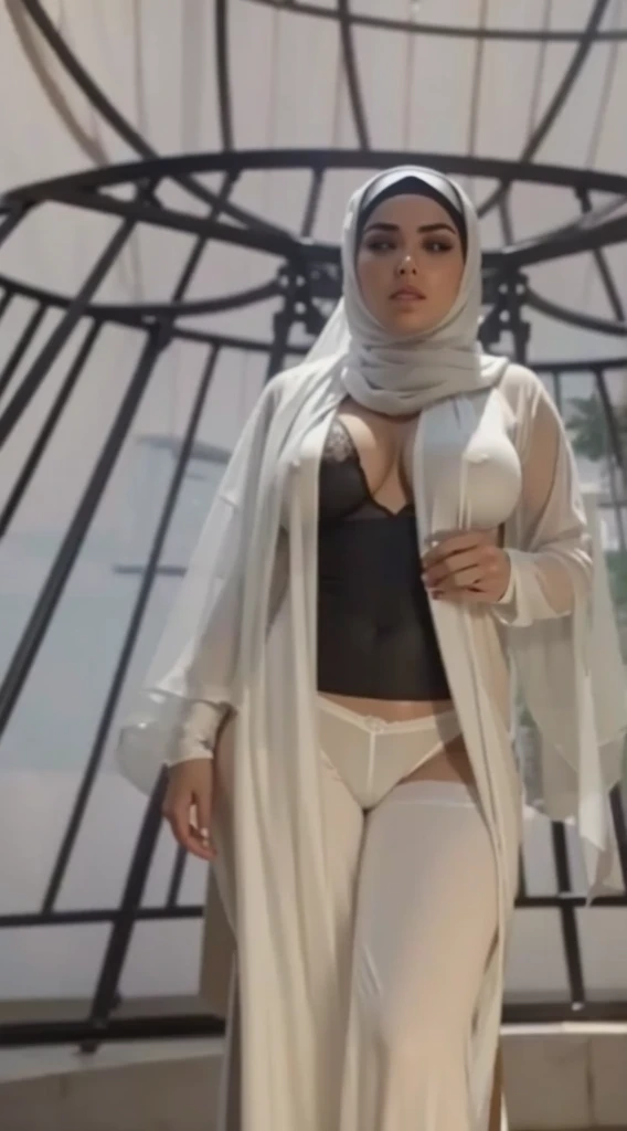 Rear view wearing lingerie and a full white hijab. Nude and large breasts, full lingerie