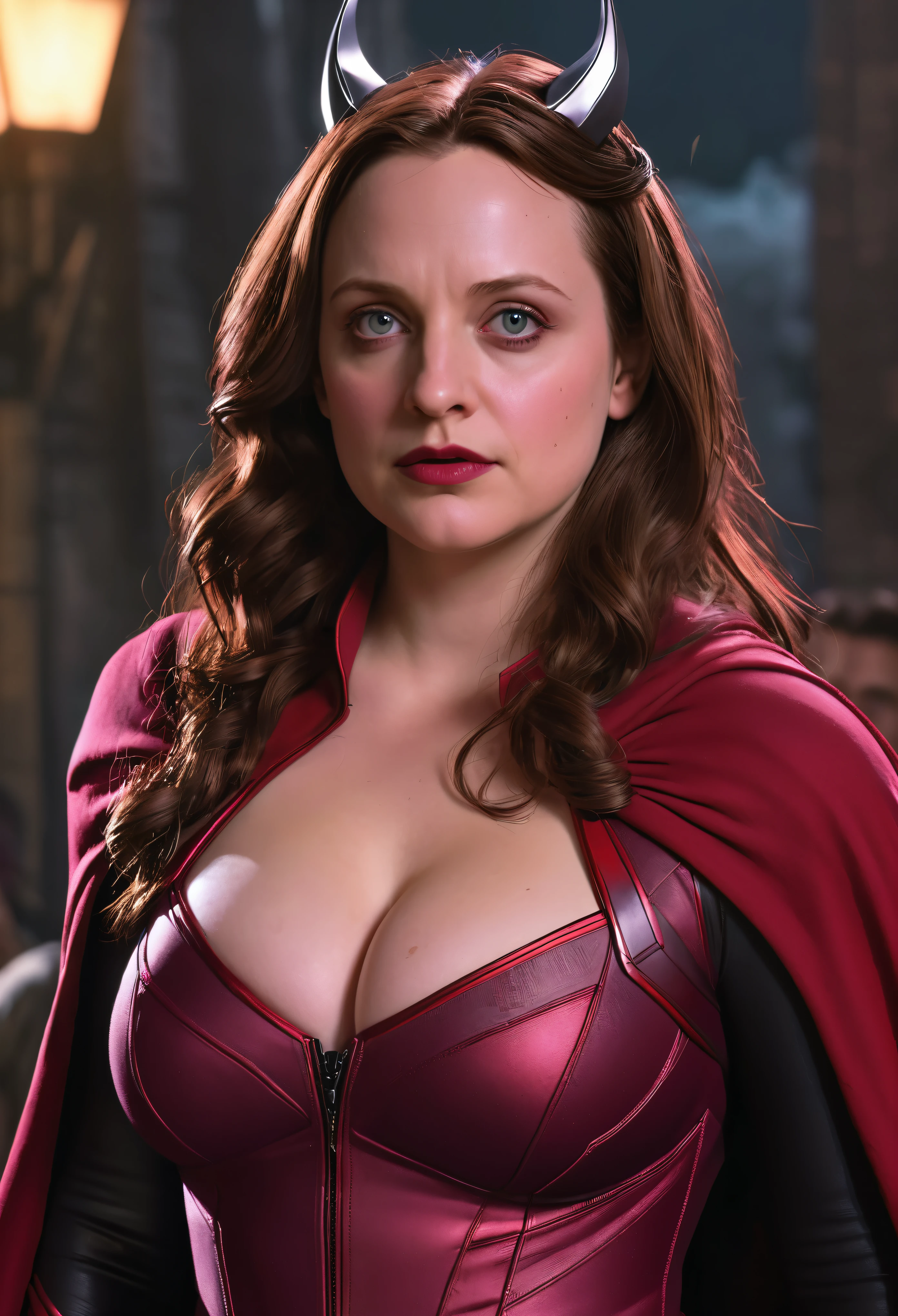 Scarlet Witch Played Elizabeth Moss, detailed eyes, scarlet witch costume, heavy physique, thick body, big Perky breast, big natural breast, thick hips, tight costumes, from Marvel Comics, fantasy setting, Dynamic poses, Marvel Universe Background, mysterious world background, Character concept, character art, Character portrait, tmasterpiece, beste-Qualit, best resolution, 8K