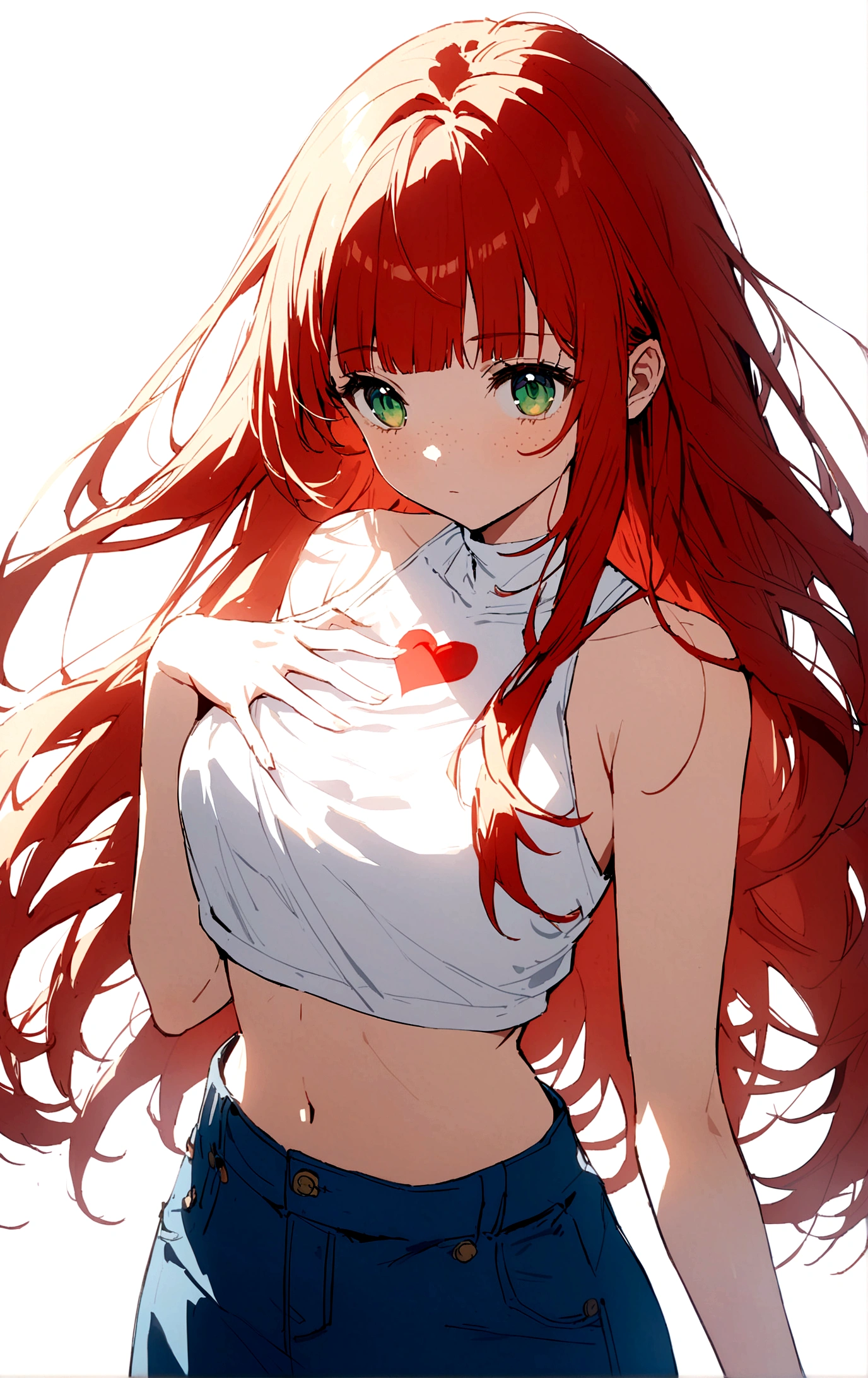 character, anime girl, white with freckles on the body. green eyes. Long-haired redhead with bangs. A high-neck crop top covering the entire chest, white tank top with a red heart in the center. Blue denim skirt with loose threads. whole body. White background.