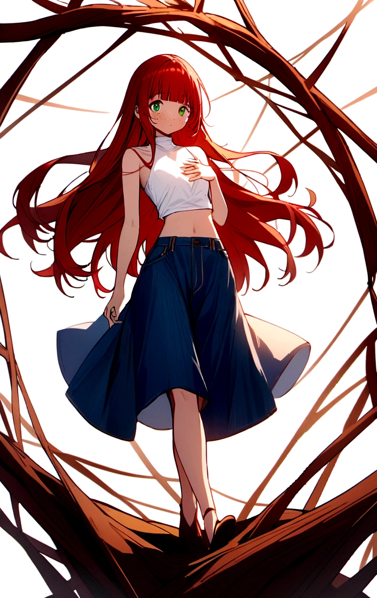 character, anime girl, white with freckles on the body. green eyes. Long-haired redhead with bangs. A high-neck crop top covering the entire chest, white tank top with a red heart in the center. Blue denim skirt with loose threads. whole body. White background.