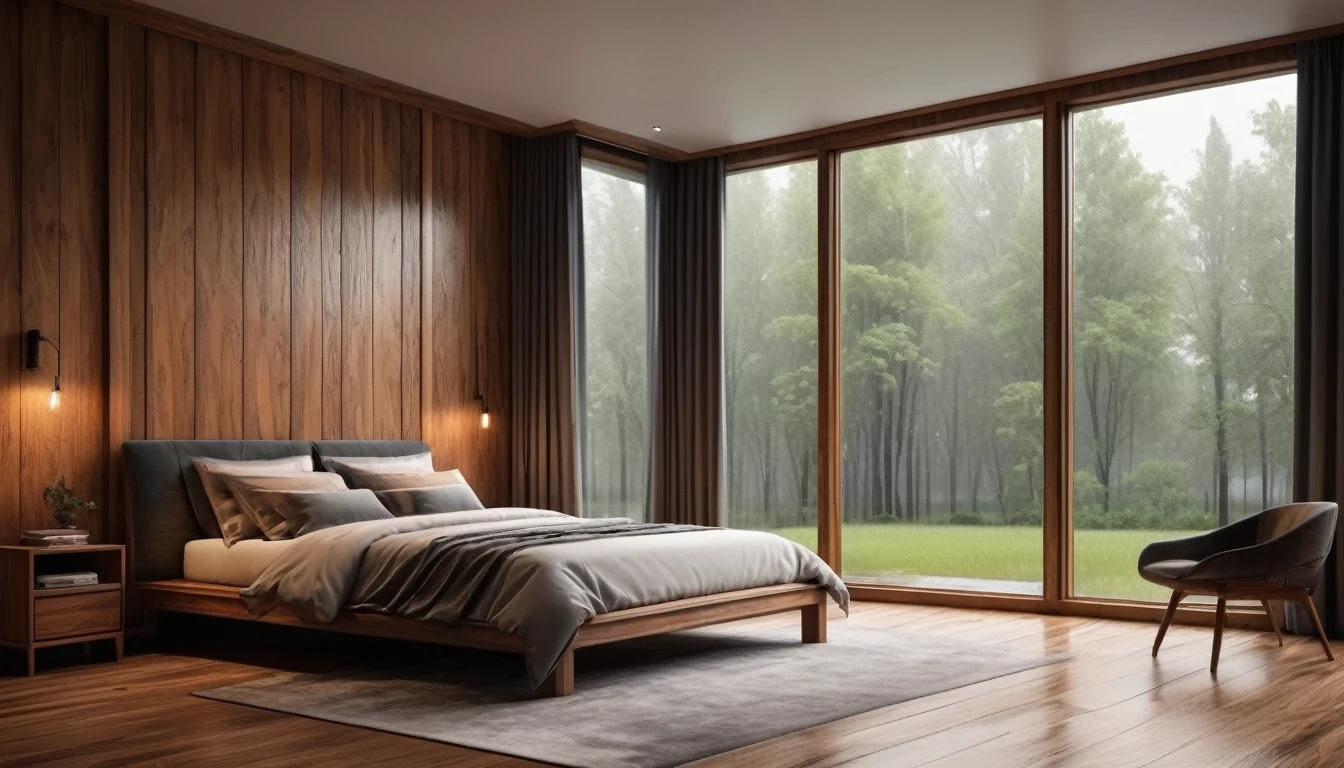 Stylish bedroom with woodgrain interior, moody, rain outside the window. Hyper-realistic, photo-realistic, ultra-detailed, 4K,top quality,masterpiece,stylish interior,big window