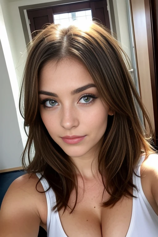 Belle femme brune yeux verts prenant un selfie réaliste se posant des questions