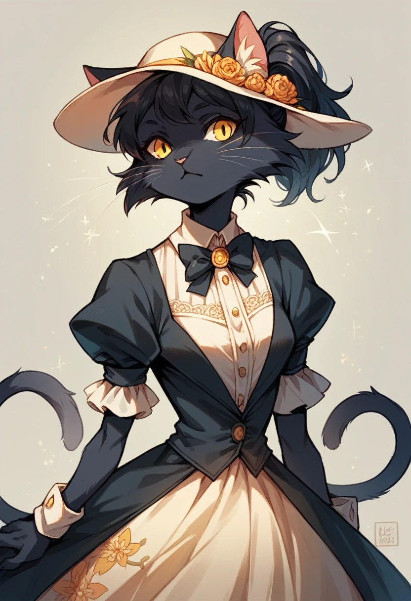 Solo female anthro , furry, tuxedo cat, black short hair, hair in a ponytail, yellow eyes, 1910's fashion, a fluffy hat with feathers on it, a long patterned dress