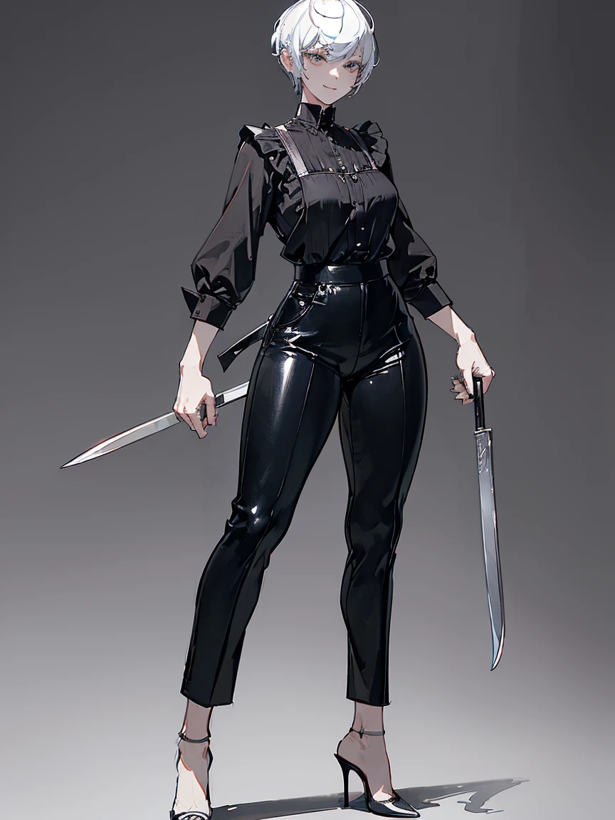 masterpiece, (character design of a butcher mature woman), (fancy appearance, simple clothing:1.2), pixie cut hair, ((black shirt, velvet slim trousers, high heels)), large leather apron, wielding meat cleaver, (standing tall in welcoming pose with a warm smile), UHD, high detail, intricate lines, smooth shading, elegant yet practical, confident demeanor, strong yet graceful