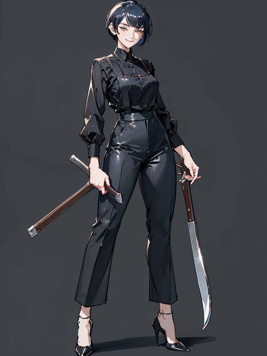 masterpiece, (character design of a butcher mature woman), (fancy appearance, simple clothing:1.2), pixie cut hair, ((black shirt, velvet slim trousers, high heels)), large leather apron, wielding meat cleaver, (standing tall in welcoming pose with a warm smile), UHD, high detail, intricate lines, smooth shading, elegant yet practical, confident demeanor, strong yet graceful