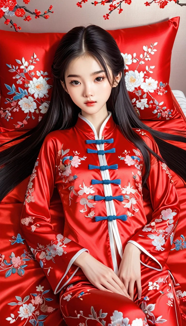 Beautiful 15 year old Chinese skinny kung fu girl princess with long black hair Gorgeous embroidery, Ultra glossy, She is wearing shiny red long sleeve floral pajamas.... She is made to lie on a red enamel futon, with the futon over her upper body, her legs spread and her vagina examined.