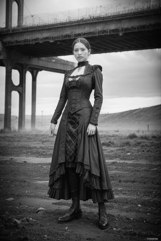 There was a man standing side by side with a woman in costume, Victorian-era science fiction inspired, Hugh Kretschmer, tartan garment, wearing ornate armor, Daguerreotype, Photography 2009, widescreen shot, Black and white color photography, Fashion photography fine art, CG Society!, in mad max style, Scottish folklore, Kenny McBride