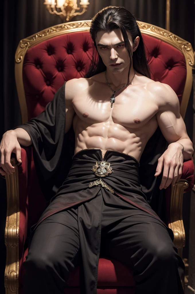 the vampire emperor sitting on the throne shirtless 