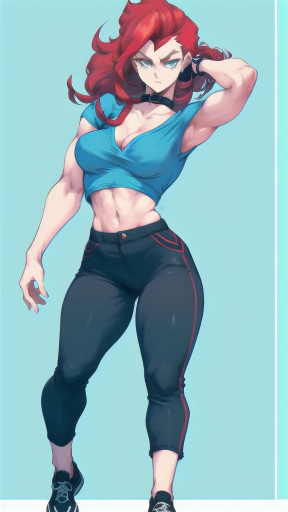 Full body image of Gwen Tennyson from Ben 10: Alien Force, full body in image, wearing her original outfit (blue top with a white collar, black pants, and black shoes, with red hair), long hair, female body, slender and athletic body, dynamic pose, detailed pose, simple background, expressive face, focus on face, line art, sketch