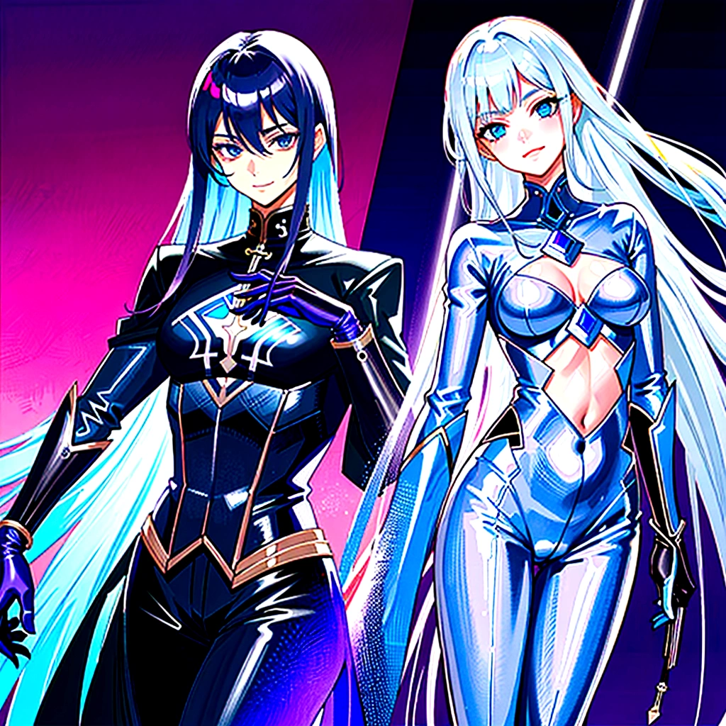Guy, beautiful facial features, smile, squinted siren dark blue eyes without glare, silver and dark purple long hair with straight bang, fantasy black fit suit with blue and purple elements, long black gloves, model, gorgeous, elegant, lots of silver jewelry, flowers in his hair