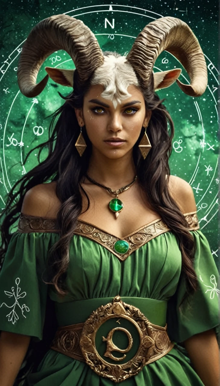 "Representation of the zodiac sign Capricorn in the form of a woman: fantastic art in high definition (8k) with dark earth and moss green tones, long dark hair, penetrating and expressive eyes, and elements that identify Capricorn such as the goat or symbols related to this zodiac sign." Women, girl, Women, Women.