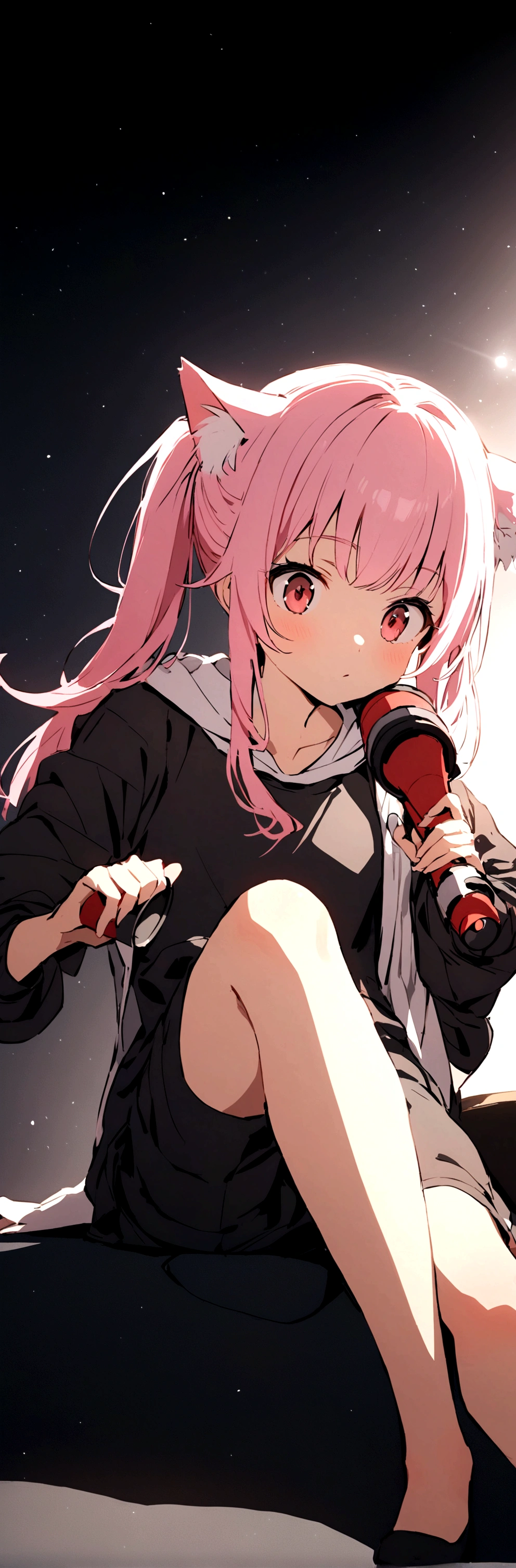 Drill Twin Pink Hair Cat ear Sitting with right leg raised The left leg is stretched out towards me Holding a megaphone