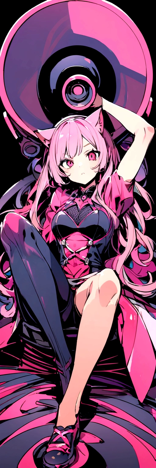 Drill Twin　Pink Hair　Cat ear　Sitting with right leg raised　The left leg is stretched out towards me　Holding a megaphone