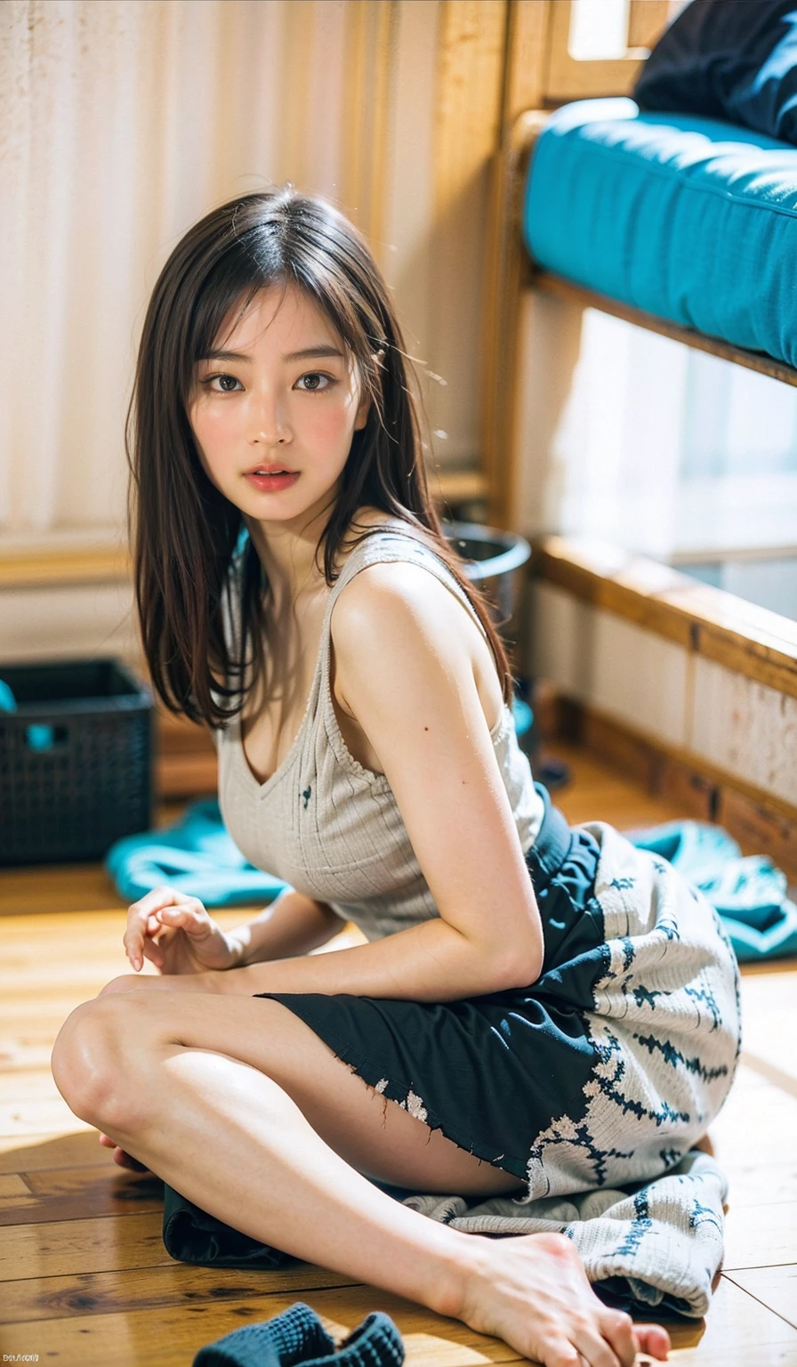 Realistic, nsfw, (On the bed), (Lying down), From above, uhd, super detail, best quality, (Heavily tattered and torn clothing:1.4), (Black leggings:1.2)