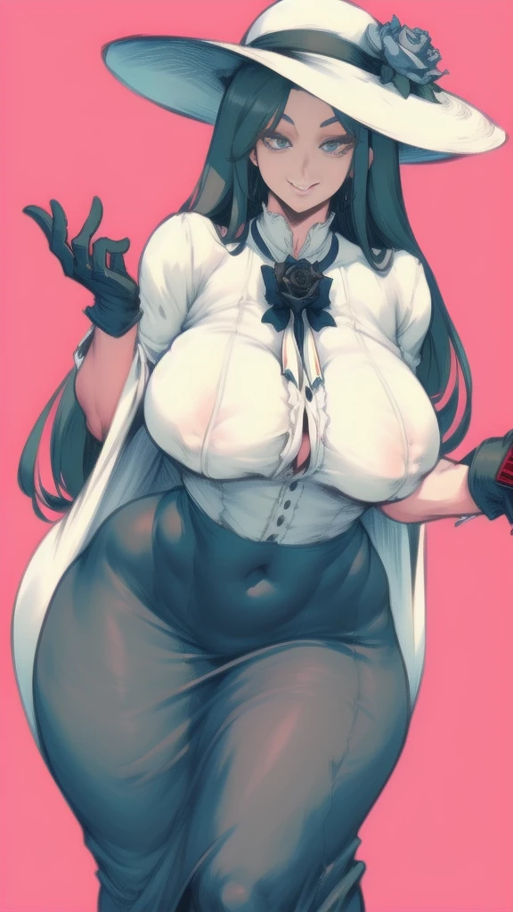 Full body image of Lady Dimitrescu from Resident Evil Village, full body in image, wearing her original elegant outfit (long, off-white, vintage dress with a wide-brimmed hat, black gloves, and a black rose brooch), long hair, female body, curvy body, thick body, big thighs, voluptuous body, dynamic pose, detailed pose, simple background, expressive face showing a confident smile, focus on face, line art, sketch