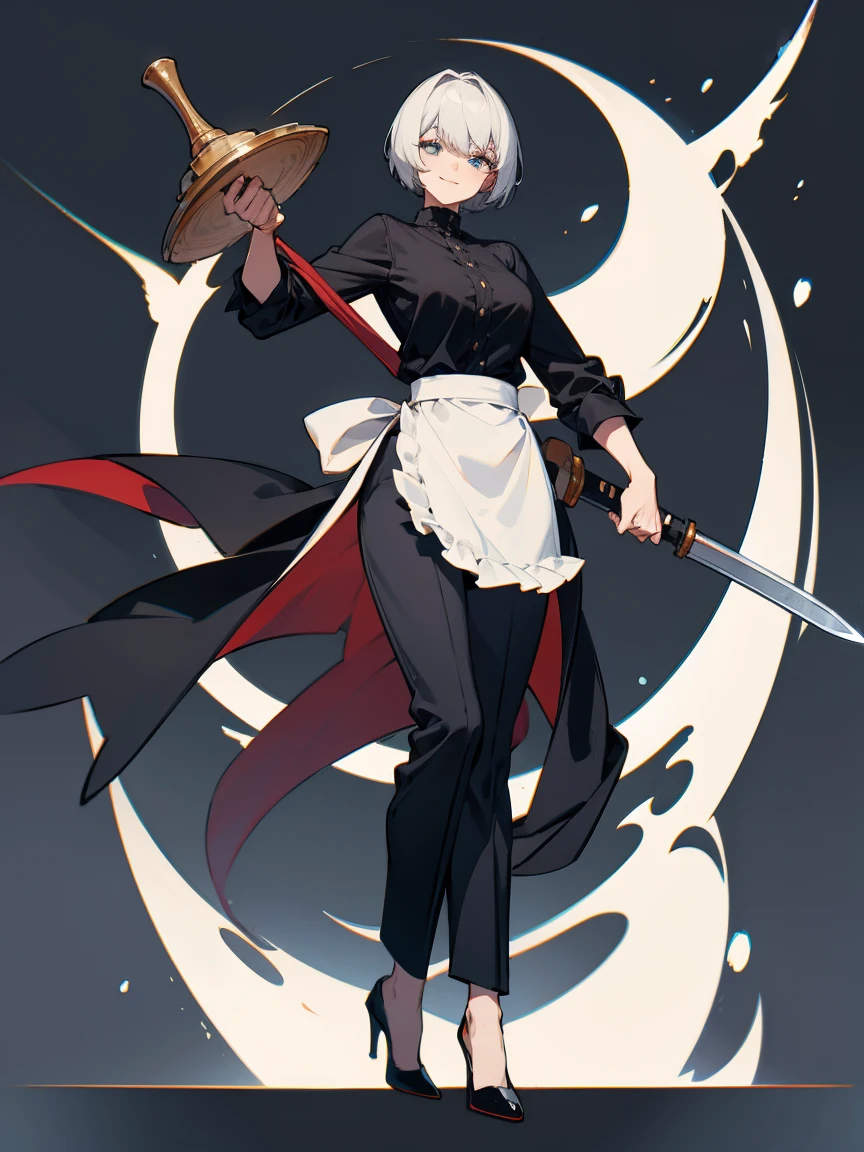 masterpiece, (character design of a butcher mature woman), (fancy appearance, simple clothing:1.2), pixie cut hair, ((black shirt, velvet slim trousers, high heels)), large leather apron, wielding meat cleaver, (standing tall in welcoming pose with a warm smile), UHD, high detail, intricate lines, smooth shading, elegant yet practical, confident demeanor, strong yet graceful