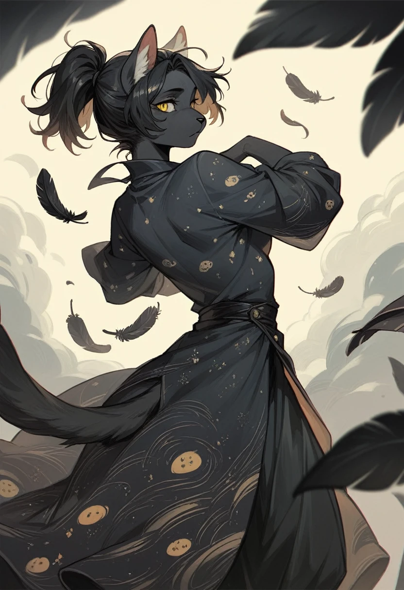Solo female anthro , furry, black -white skin cat, black short hair, hair in a ponytail, yellow eyes, 1910's fashion, a fluffy hat with big feathers back on it, a long patterned dress