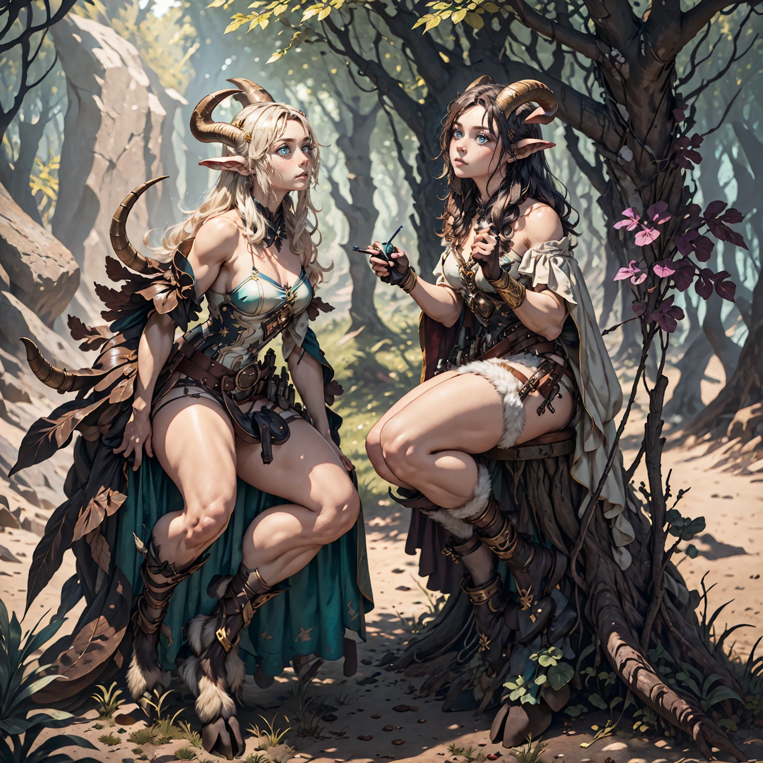 Female faun in the forest, Satyr, woman, fantasy(masterpiece, Best quality, Photorealistic, Detailed, shiny leather:1.2), irreproachable, 8 k, RAW, A high resolution, (dark night:1.1), goat legs, Fur legs, ungulate, goat horns, beard, long black hair, Looking at the viewer, Cinematic, dark background, Medieval, Muscles, Откройте CHES5, fantasy, (absurd), attractive, long light hair, golden eyes, sexual