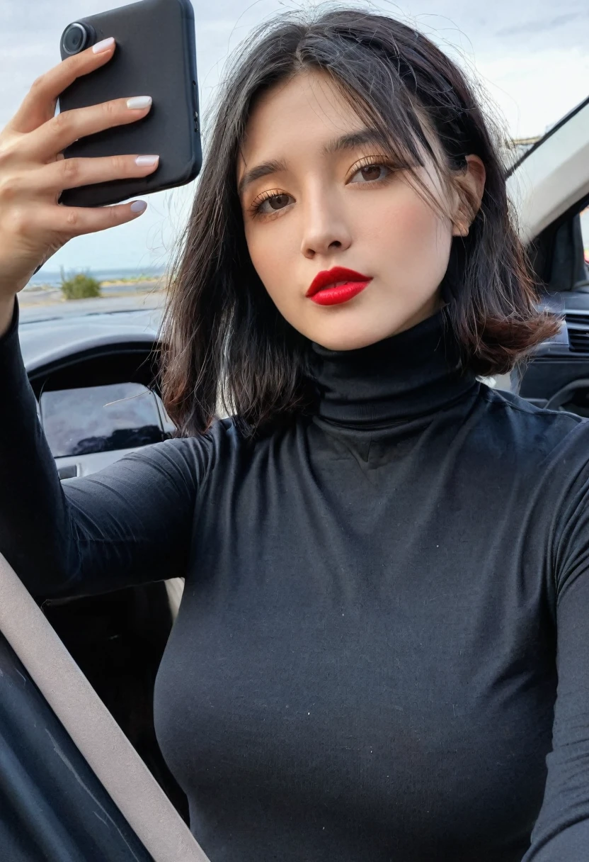 pure ruby, a woman wearing a turtleneck shirt, selfie and car