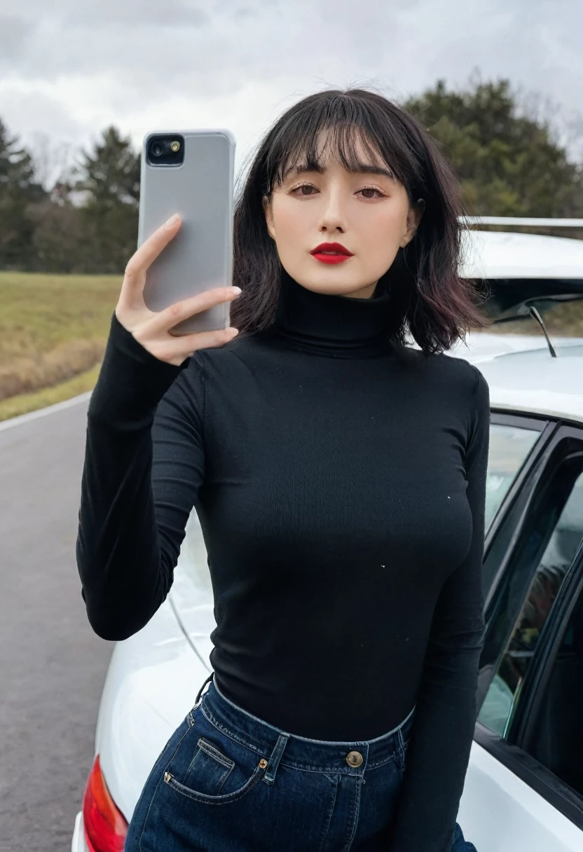 pure ruby, a woman wearing a turtleneck shirt, selfie and car 