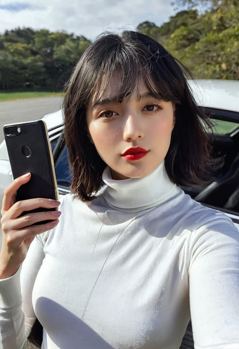 pure ruby, a woman wearing a turtleneck shirt, selfie and car