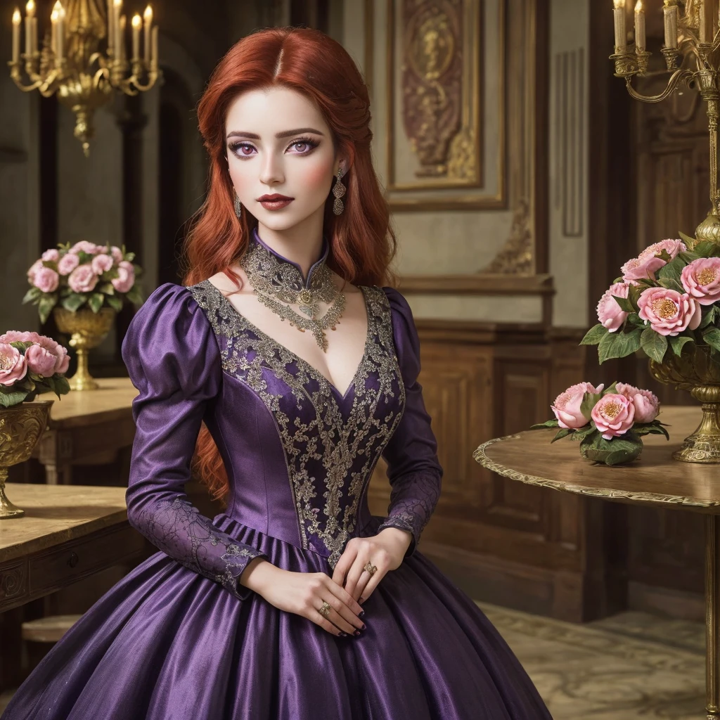  (masterpiece), (extremely intricate1.3), (realistic1.2),  woman with the facial appearance of Brazilian singer Sandy Leah Lima at 22 years old, wearing a (dress in the color of camellia flowers:1.2), with beautiful vivid red hair, styled in a slightly gothic fashion, set in a medieval ballroom. Camera angle: Medium shot, capturing her elegance and the ornate details of the ballroom, capturing the regal and mystical ambiance of the scene, (detailed face:1.3), (purple  eyes:1.2) 