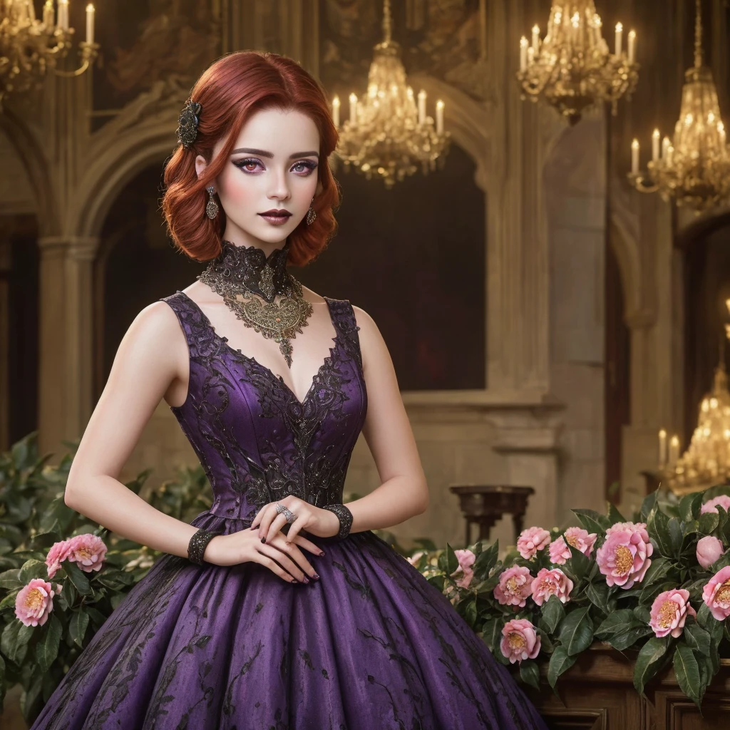  (masterpiece), (extremely intricate1.3), (realistic1.2),  woman with the facial appearance of Brazilian singer Sandy Leah Lima at 22 years old, wearing a (dress in the color of camellia flowers:1.2), with beautiful vivid red hair, styled in a slightly gothic fashion, set in a medieval ballroom. Camera angle: Medium shot, capturing her elegance and the ornate details of the ballroom, capturing the regal and mystical ambiance of the scene, (detailed face:1.3), (purple  eyes:1.2) 