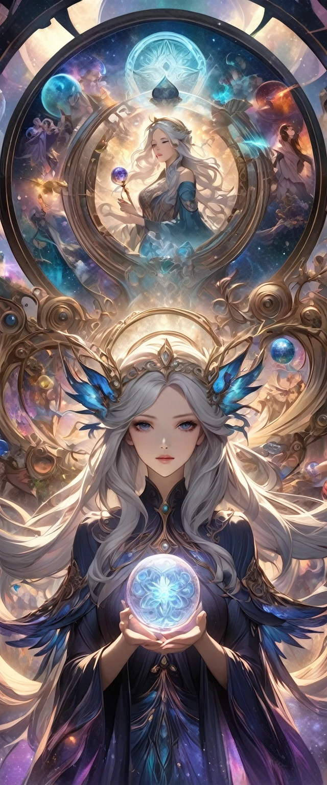 A woman with long silver-white and purple hair in a dress is holding a crystal ball and an astrology device, Mysterious runes magic circle background.digital art by Cynthia Sheppard, PIXIV, fantasy art, Beautiful celestial mage, anime fantasy artwork, Goddess of Heaven, Anime art nouveau universe display, Time Goddess, Anime Fantasy Illustrations, Detailed key animation art, Beautiful fantasy anime, Shadowverse Style, galaxy goddess