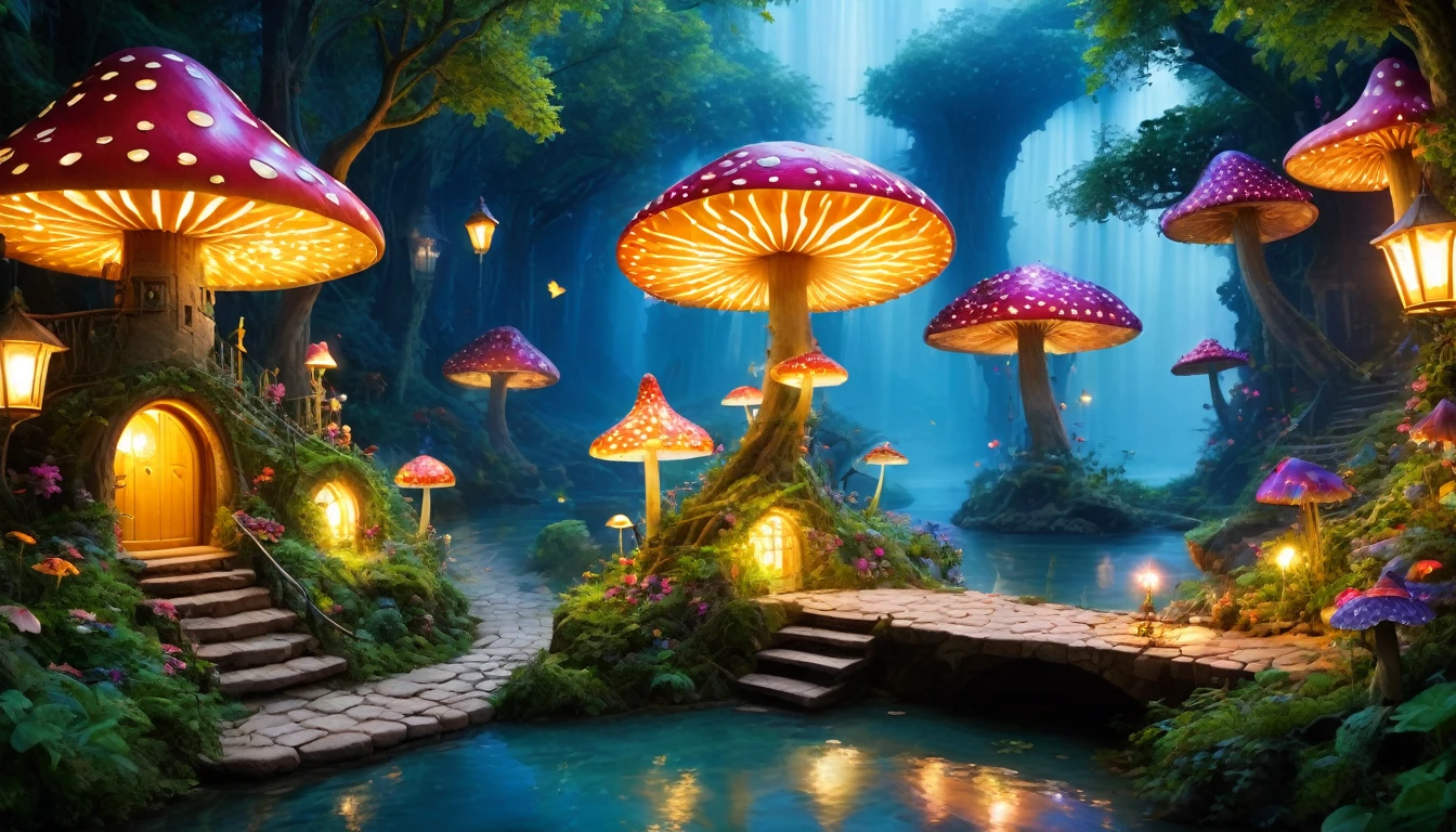 (Best Quality, 4k, 8k, high resolution, Masterpiece:1.2), ultra detailed, (realist, photorealist, photo-realist:1.37), a charming fairy village at night, In the middle of a dense forest, enchanted Forest, magical creatures, glowing mushrooms, whimsical tree houses, lush vegetation, sparkling waterfalls, fairy lights, delicate flowers, serene environment, fairy dust, ethereal beings, Quiet lake shore, cobblestone roads, celestial stars, impressive architecture, mystical fog, harmonious colors, surreal atmosphere, enchanted music, fairy tale cabins, Hidden corners, whispering winds, tinkling laughter, secret entrances, hidden treasures, magic doors, lively market, Elaborate costumes, Vibrant market stalls, reflejos dreamlike en el agua, index:Above average, dreamlike, imagination, stardust magic, quiet refuge, shadows and lights, nocturnal magic, dense foliage, thick trees, overgrown vegetation, isolated, deep forests, cloudy atmosphere, cloudy sky, thick clouds covering the sky