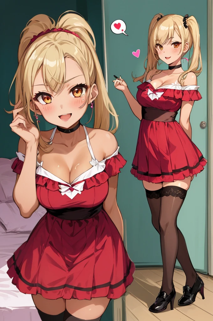 1girl,,tanned body,twintail,,,looking viewer,,,(((Gyaru))),glossy lips.(spoken heart),smirk,open mouth,,dress,off shoulder,miniskirt,thighhighs,my room,cleavage