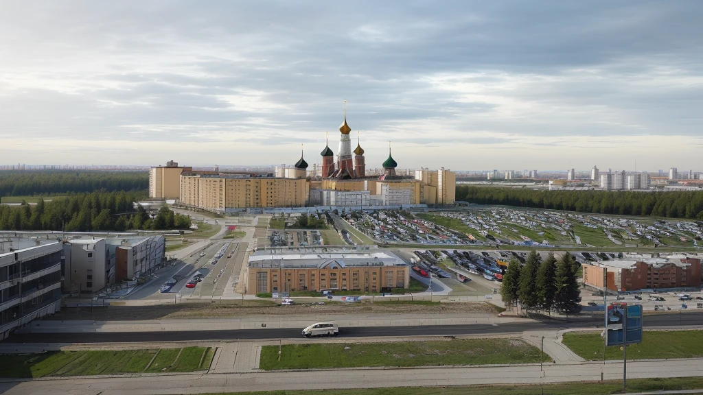 there is a large parking lot with a lot of cars parked in it, view from window on megapolis, ground level view of soviet town, russian city, photo taken from far, surrounding the city, taken with sony alpha 9, town in the background, shot from 5 0 feet distance, with a city in the background, viewed from bird's-eye --ar 16:9 --v 6 --style photo --stylize 700