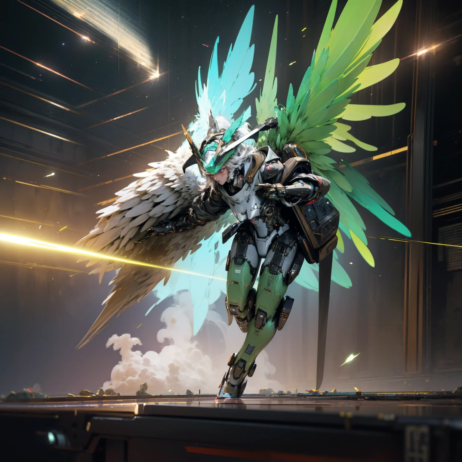 ((best qualityer)), ((work of art)), (highy detailed:1.3), 3d, comely, (cyber punk:1.2), in space, nebula, containment_missiles, (1Male Mecha:1.3), (Colors White and Black), facing at viewer, Ablaze eyeballs, whole body, (flight, reaching down, dynamic, motion-blur: 1.4), (huge Mecha wings: 1.6), looking up, Ablaze_eyeballs, mecha, panorama, the bottom is the earth, nebula, space, particles, reality, hdr (high-range dynamics), ray tracing, nvidia RTX, super resolution, Irreal 5, underground dispersal, PBR Texturing, Post-processing, Anisotropic filtering, Depth of field, Maximum clarity and clarity, Multilayer textures, Albedo and Specular map, Surface shading, Accurate simulation of light-material interaction, Perfect proportion, octane rendering, Two-tone lighting, large aperture, Low ISO, White balance, rule of thirds, 8K CRU, Efficient Sub-Pixel, Subpixel Convolution