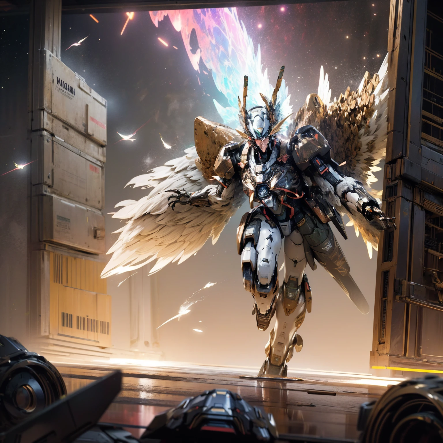 ((best qualityer)), ((work of art)), (highy detailed:1.3), 3d, comely, (cyber punk:1.2), in space, nebula, containment_missiles, (1Male Mecha:1.3), (Colors White and Black), facing at viewer, Ablaze eyeballs, whole body, (flight, reaching down, dynamic, motion-blur: 1.4), (huge Mecha wings: 1.6), looking up, Ablaze_eyeballs, mecha, panorama, the bottom is the earth, nebula, space, particles, reality, hdr (high-range dynamics), ray tracing, nvidia RTX, super resolution, Irreal 5, underground dispersal, PBR Texturing, Post-processing, Anisotropic filtering, Depth of field, Maximum clarity and clarity, Multilayer textures, Albedo and Specular map, Surface shading, Accurate simulation of light-material interaction, Perfect proportion, octane rendering, Two-tone lighting, large aperture, Low ISO, White balance, rule of thirds, 8K CRU, Efficient Sub-Pixel, Subpixel Convolution