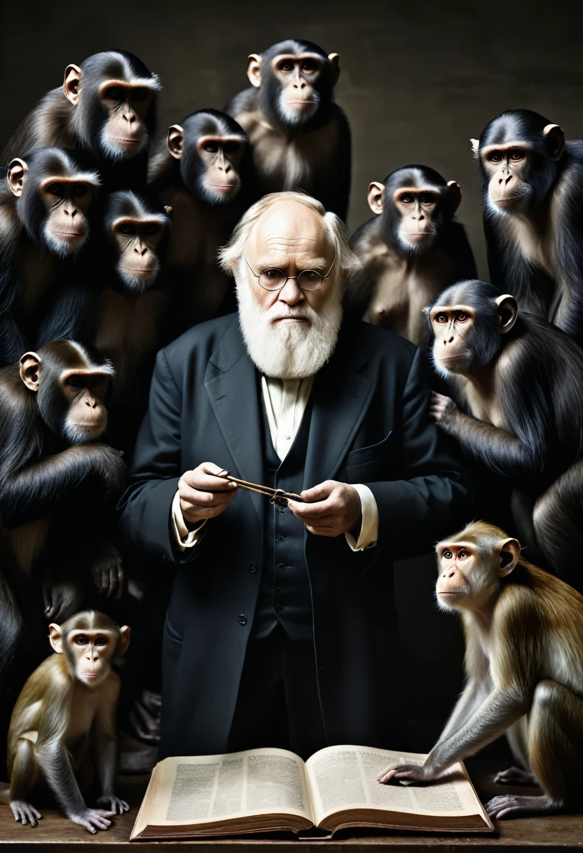 (best quality,4k,highres,masterpiece:1.2),ultra-detailed,(realistic,photorealistic,photo-realistic:1.37),Charles Darwin nailed to cross,monkeys looking on with fascination,portraits,oil painting,religious symbolism,painful expression,intense lighting,scientific discovery,clash of worlds,contrast in cultures,curious primates,divergent beliefs,dark background,deep shadows,sacrifice for knowledge,astonished gaze,striking composition,detailed depiction,emotional impact,captivating scene,stop motion effect,profound concept,masterful execution,monochrome color scheme,alive with meaning,visual storytelling,captured moment,eye-catching image,resolute character,awe-inspiring,history and biology intertwined,ironic juxtaposition,thought-provoking,artistic interpretation,tension in the air,religious iconography,animals as spectators,complex themes,intense focal point,rich texture.