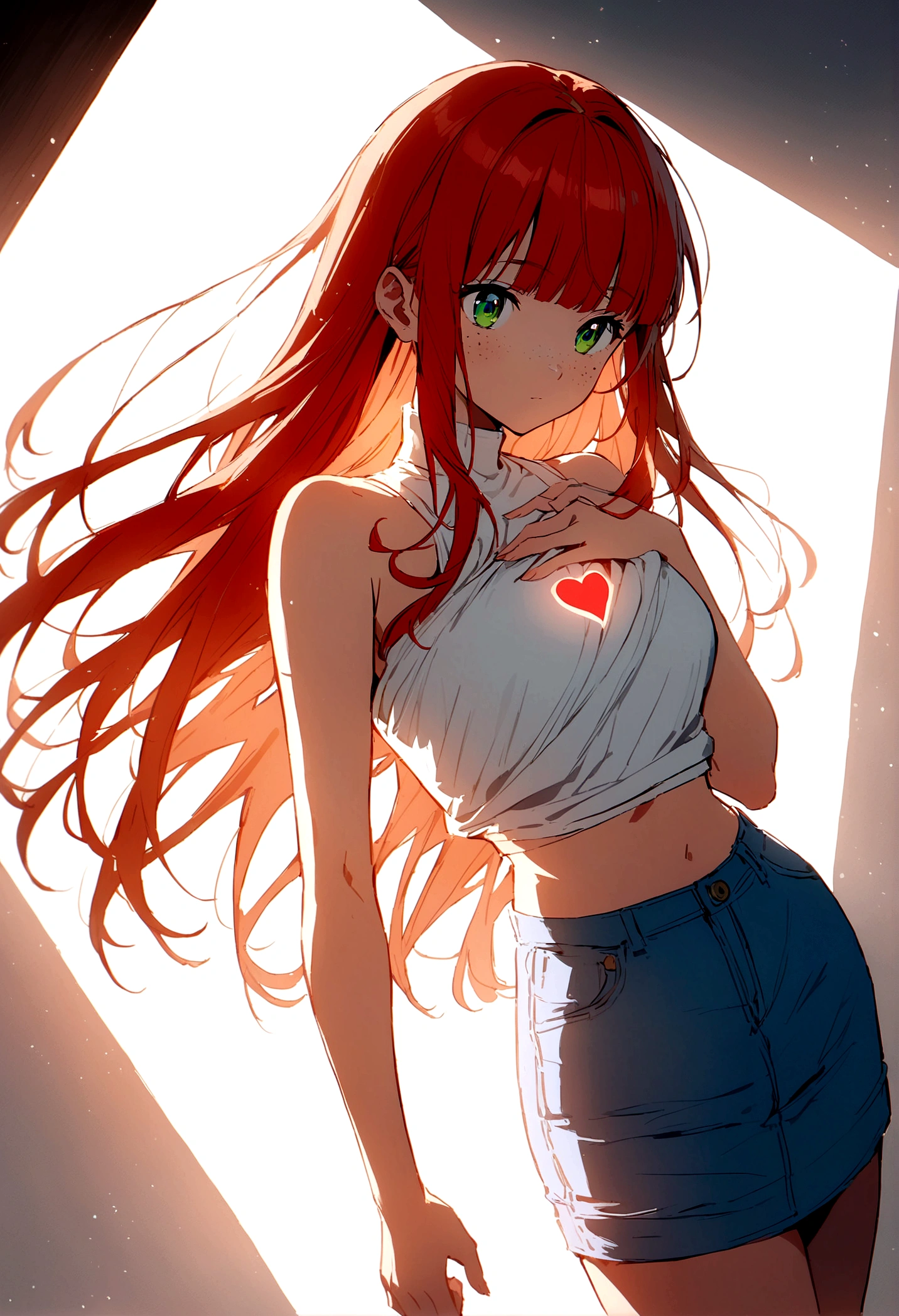 character, anime girl, white with freckles on the body. green eyes. Long-haired redhead with bangs. A high-neck crop top covering the entire chest, white tank top with a red heart in the center. Short blue denim skirt with loose threads. whole body. White background.