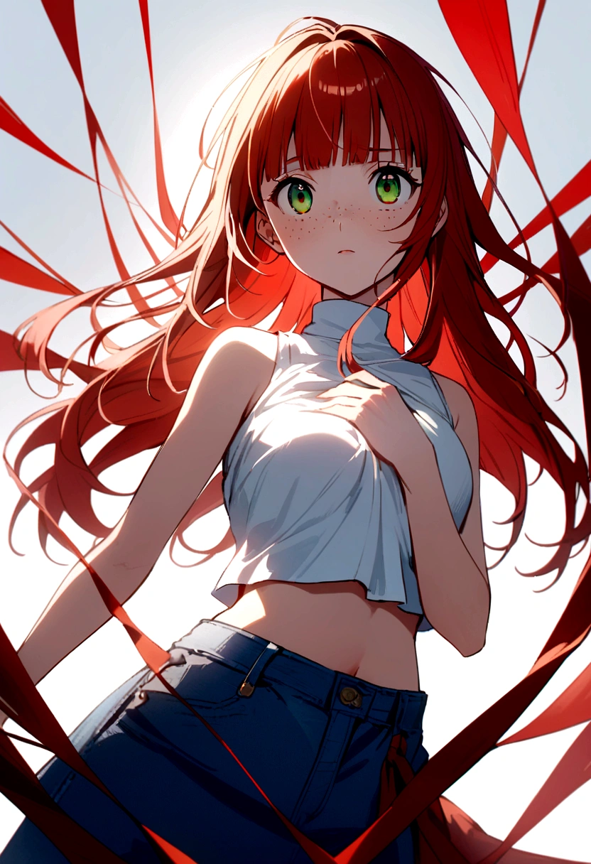 character, anime girl, white with freckles on the body. green eyes. Long-haired redhead with bangs. A high-neck crop top covering the entire chest, white tank top with a red heart in the center. Short blue denim skirt with loose threads. whole body. White background.