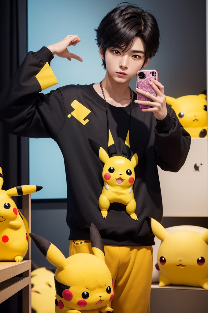 4 k image (photorealismo 1.30)
characteristics (a young cute South Korean male with dark hair and dark eyes), outfit (a cute Pikachu sweatshirt), mode (a hand is holding an iPhone 15 pro max)