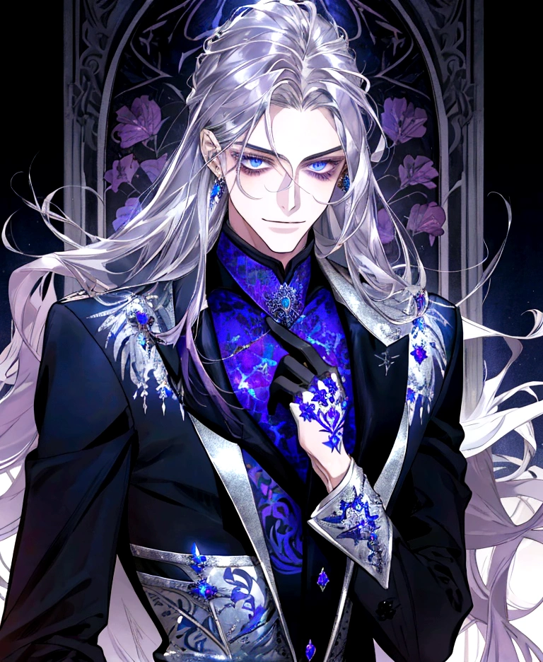 Guy, beautiful facial features, smile, squinted siren dark blue eyes without glare, silver and dark purple long hair with straight bang, fantasy black fit suit with blue and purple elements, long black gloves, model, gorgeous, elegant, lots of silver jewelry, flowers in his hair, skinny body