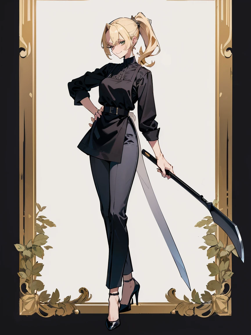 ((UHD, High details, masterpiece)), (character design of a butcher mature woman), (fancy appearance, simple clothing:1.2), blonde pixie with a long ponytail, ((black shirt, velvet slim trousers, high heels)), large leather apron, wielding meat cleaver, (standing tall in welcoming pose with a warm smile)