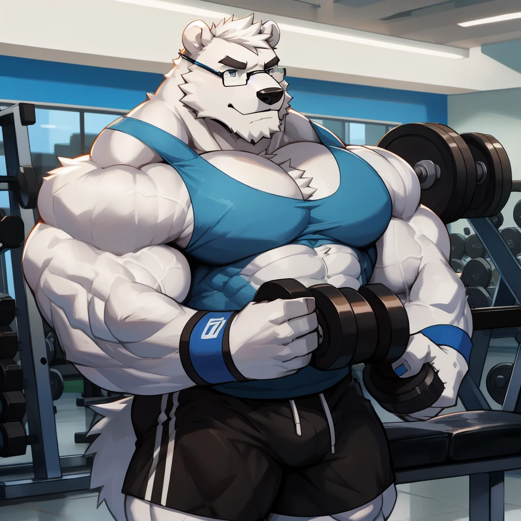 solo, 1boy, Huge Muscular White Polar Bear wearing glasses, huge white fur, pectoral, huge pectoral, wide pectoral, short white hair, blue colored short pants, blue colored wristbands and blue colored tank top, white bearded, white Mustache, white fur, black eyebrows, gym fitness center background, masterpiece, high detailed, 8k, high resolution, at the gym, iron pumping his guns, lifting two dumbbells 