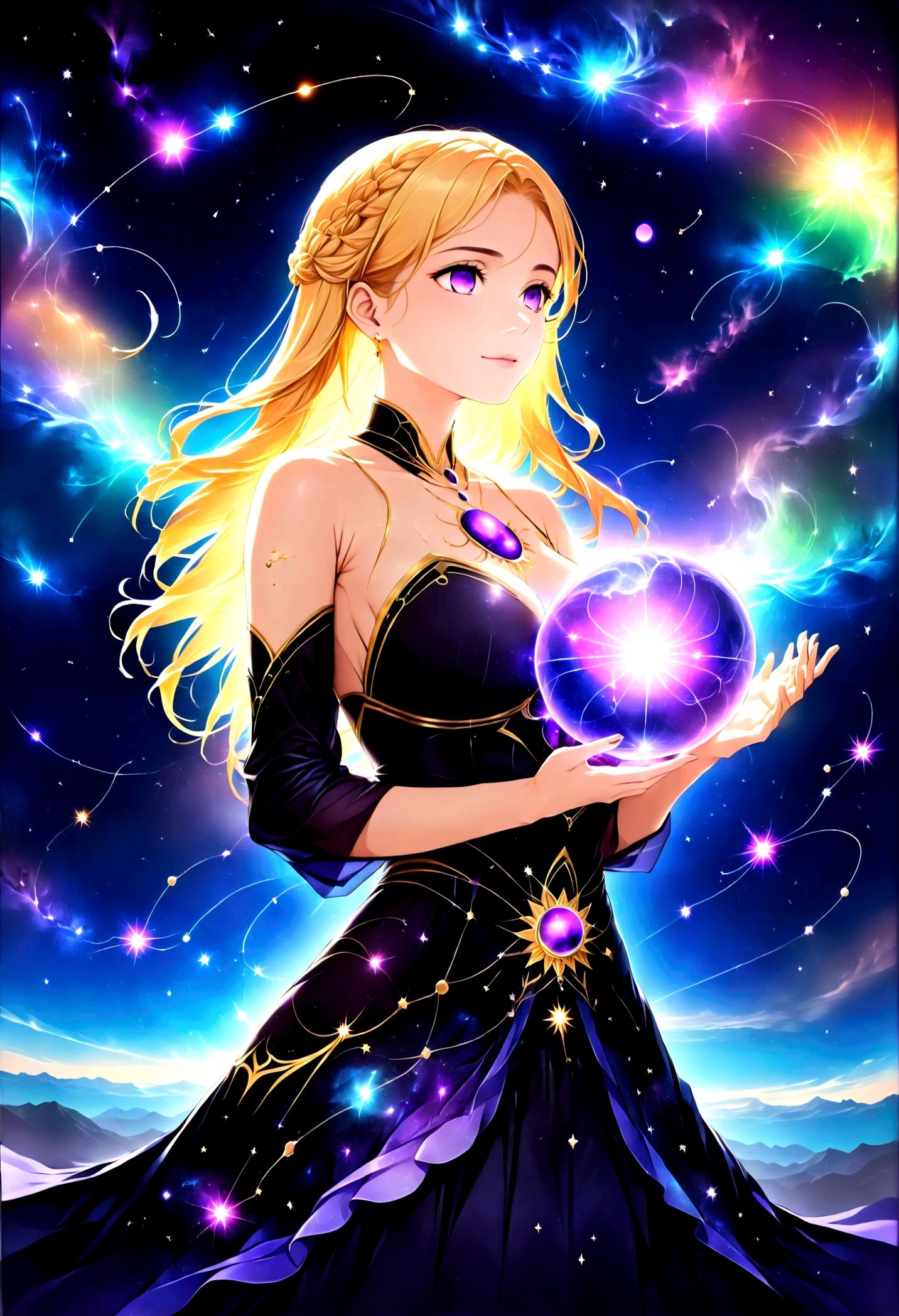 a portrait of an astrologer looking to the sky at ((libra constellation: 1.5)) in the night sky, an extraordinary beautiful woman, there is magic in her eyes divining the future from the Libra constellation, blond hair, dynamic hair style, wearing an intricate dark red dress decorated with glowing stars, she looks to the night sky seeing the ((Libra constellation in the sky: 1.5)), vibrant, Ultra-high resolution, High Contrast, (masterpiece:1.5), highest quality, Best aesthetics), best details, best quality, highres, 16k, [ultra detailed], masterpiece, best quality, (extremely detailed), Cinematic Hollywood Film, magical sky, FireMagicAI, dark novel