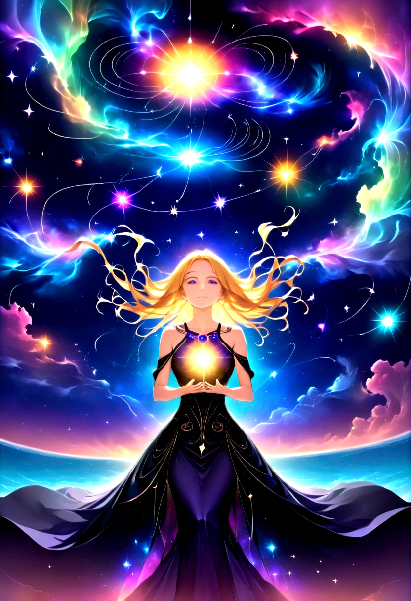 a portrait of an astrologer looking to the sky at libra constellation in the night sky, an extraordinary beautiful woman, there is magic in her eyes divining the future from the Libra constellation, blond hair, dynamic hair style, wearing an intricate dark purple dress decorated with glowing stars, she looks to the night sky seeing the ((Libra constellation in the sky: 1.5)), vibrant, Ultra-high resolution, High Contrast, (masterpiece:1.5), highest quality, Best aesthetics), best details, best quality, highres, 16k, [ultra detailed], masterpiece, best quality, (extremely detailed), Cinematic Hollywood Film, magical sky, FireMagicAI, dark novel