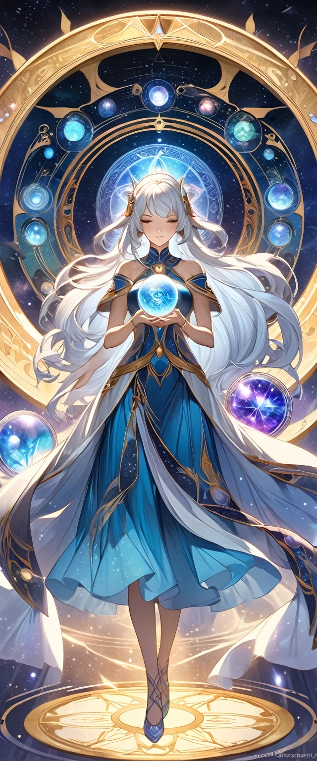 A woman with long silver-white and purple hair in a dress is holding a crystal ball and an astrology device, Mysterious runes magic circle background.digital art by Cynthia Sheppard, PIXIV, fantasy art, Beautiful celestial mage, anime fantasy artwork, Goddess of Heaven, Anime art nouveau universe display, Time Goddess, Anime Fantasy Illustrations, Detailed key animation art, Beautiful fantasy anime, Shadowverse Style, galaxy goddess