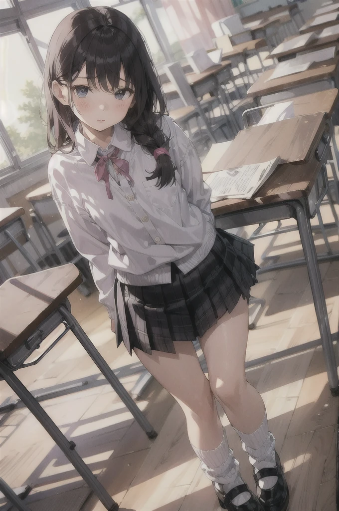 1girl,pink shirts,neck ribbon loose socks,Mary Jane shoes,miniskirt,classroom,****,flat chest